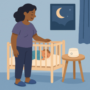 Machine à bruit blanc pour bébé dans une chambre, utilisée pour faciliter l’endormissement.